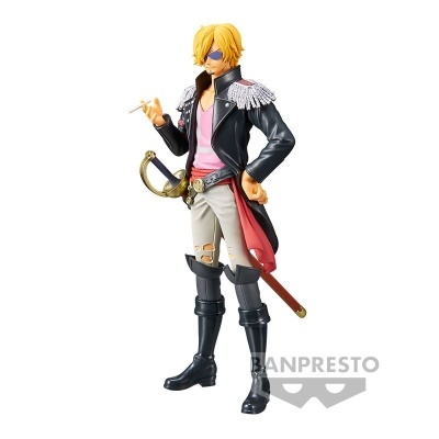Figura colecionável do personagem Sanji com roupa preta, rosa e cinzenta, segurando cigarro e espada