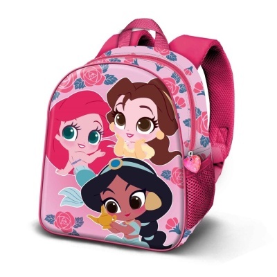 Mochila infantil rosa com personagens de desenho animado e detalhes florais