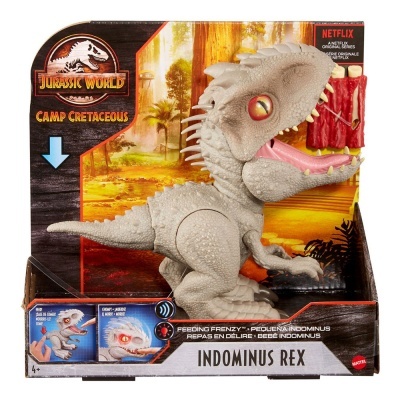 Boneco Indominus Rex Jurassic World cinza em embalagem com fundo de floresta