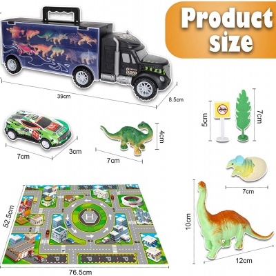 Conjunto de brinquedos com camião preto, carro, dinossauros, placas e lona com ruas desenhadas.