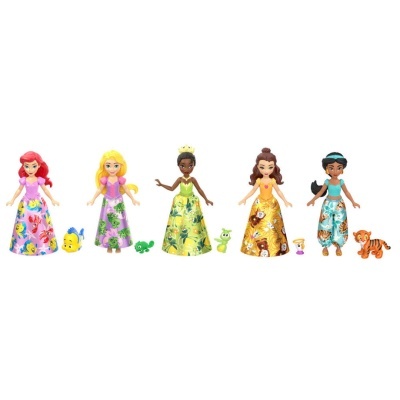 Cinco bonecas Princesas Disney com vestidos coloridos e animais miniatura