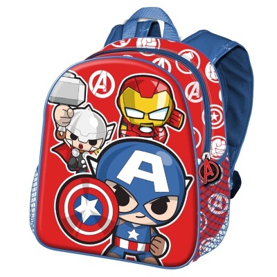 Mochila infantil vermelha com personagens de super-heróis em estilo cartoon