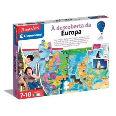Puzzle educativo sobre mapas da Europa, embalagem com design colorido mostrando crianças e mapas