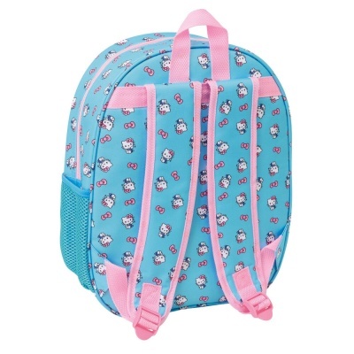 Mochila azul com padrão Hello Kitty e alças cor-de-rosa