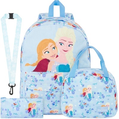 Conjunto azul claro com personagens Anna e Elsa do Frozen e padrão floral