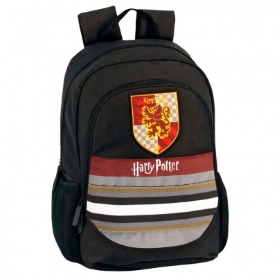Mochila preta com símbolo Gryffindor e texto Harry Potter