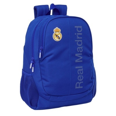 Mochila azul com texto Real Madrid e o emblema do clube