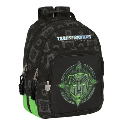 Mochila preta com detalhes verdes e logótipo Transformers