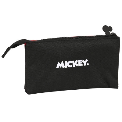 Bolsa preta com texto MICKEY. e puxador em forma da cabeça do Mickey