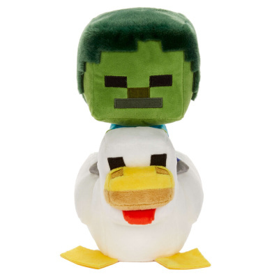 Pelúcia Minecraft personagem zombie montado numa pata branca com design pixelado