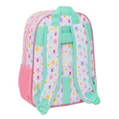 mochila infantil colorida com padrão de gatos e flores e alças verdes