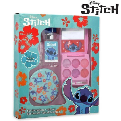 Set de beleza Disney Stitch com embalagem azul decorada com flores vermelhas.