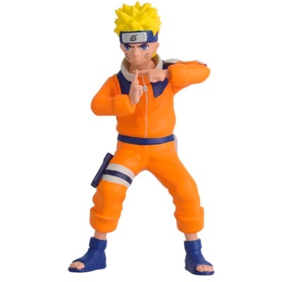 Figura de ação do personagem Naruto com cabelo amarelo e roupa laranja com detalhes azuis