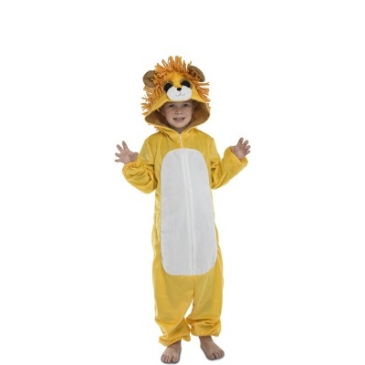 Fato de carnaval amarelo e branco de leão com cabeça de capuz felpudo