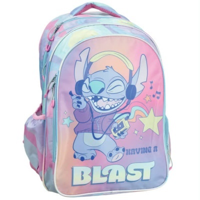 Mochila infantil colorida com personagem Stitch a ouvir música e texto HAVING A BLAST