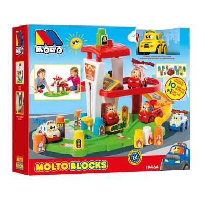 Conjunto Molto Blocks parque estacionamento e carros coloridos com rampa e sinais