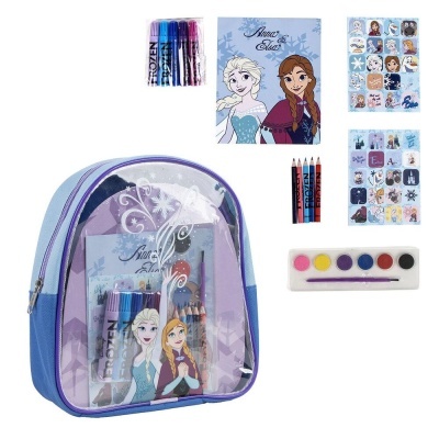 Mochila transparente azul com personagens do Frozen e material escolar incluindo lápis, canetas, bloco, paleta de tinta e autocolantes