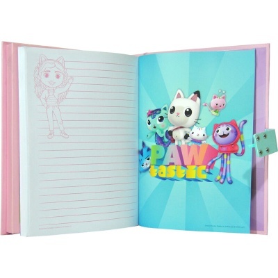 Caderno rosa aberto com personagens de desenho animado e texto PAWtastic