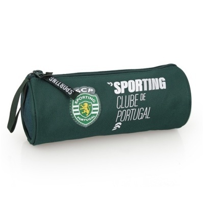 Estojo cilíndrico verde com logótipo do Sporting Clube de Portugal e texto branco