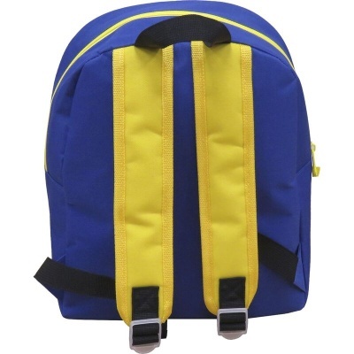 Mochila azul e amarela vista de trás com alças ajustáveis.