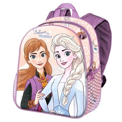 Mochila infantil roxa com personagens Anna e Elsa da Frozen e texto inspirador