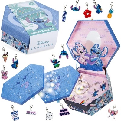 Caixa hexagonal azul Disney com pendentes do Stitch