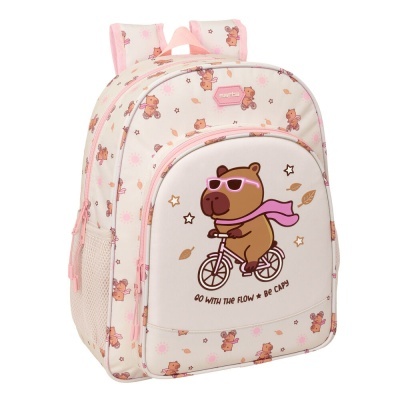 Mochila infantil creme com ursinhos em bicicleta e texto motivacional
