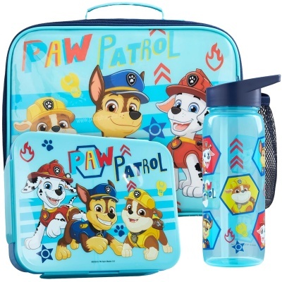 Conjunto de lonchera, estojo e garrafa Paw Patrol em azul claro com personagens e texto colorido