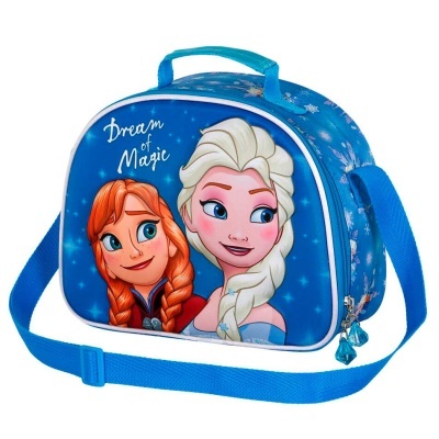Bolsa azul infantil com personagens Anna e Elsa e texto Dream of Magic