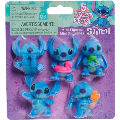 Conjunto 5 mini figuras Stitch azuis com acessórios em embalagem roxa