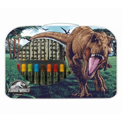 Conjunto de canetas coloridas com caixa decorada de dinossauro Tyrannosaurus rex