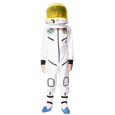 Fato de astronauta infantil branco com capacete amarelo e sapatos azuis