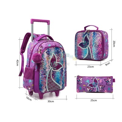 Conjunto roxo de mochila com carrinho, lancheira e estojo com padrão de borboletas e lantejoulas