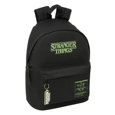 Mochila preta Stranger Things com logotipo verde e bolso frontal