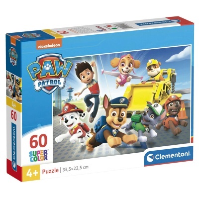 Caixa de puzzle Paw Patrol com 60 peças coloridas, personagens animados e logo da Clementoni
