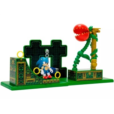 Base verde com figura azul do Sonic e planta trepadeira vermelha em plataformas decoradas