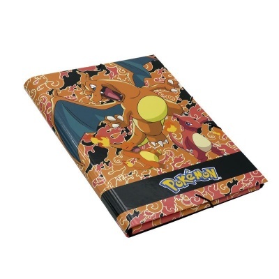 Capa de caderno Pokémon com Charizard e Charmander em fundo laranja