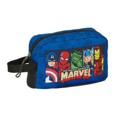 Necessaire azul com personagens Marvel impressos e texto THE MIGHTY WORLD OF MARVEL