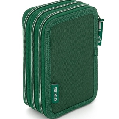 Estojo escolar verde com três fechos e etiquetas SPORTING e SCP