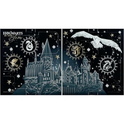 Calendário de advento com tema de Hogwarts em fundo preto com desenhos do castelo e emblemas das casas
