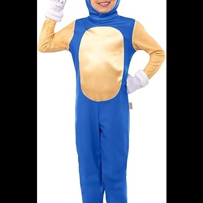 Fantasia infantil azul e bege do personagem Sonic com luvas brancas e sapatos vermelhos e brancos