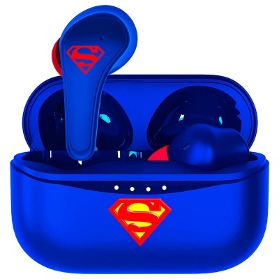 Auriculares wireless azuis com logótipos do Superman