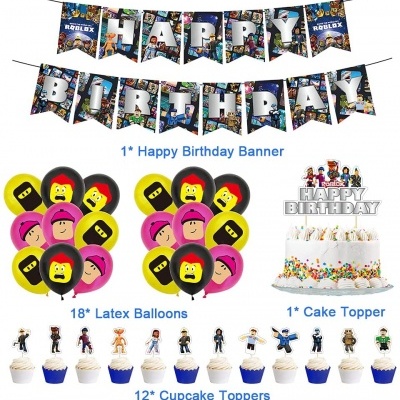 Conjunto de decoração de aniversário Roblox com faixa, balões, topper de bolo e toppers de cupcake.