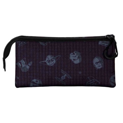 Estojo preto com personagens de Star Wars em padrão cinza