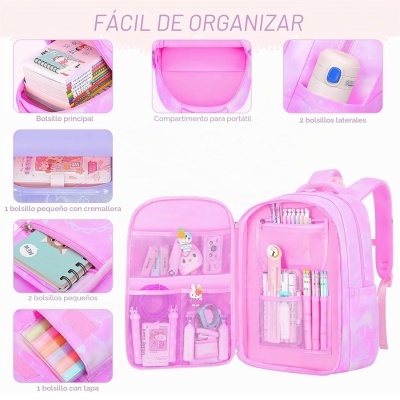 Mochila rosa com vários bolsos e compartimentos abertos mostrando organização interna