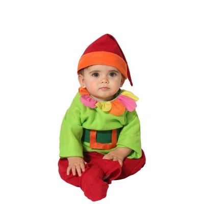 Bebé vestido com fato de duende colorido sentado