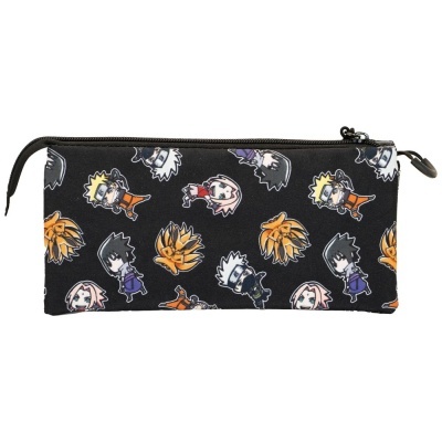 Estojo escolar preto com estampado de personagens coloridos.