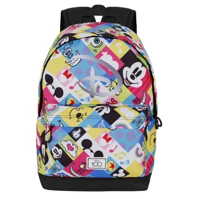 Mochila colorida com padrão de personagens da Disney e etiqueta 'DISNEY 100'
