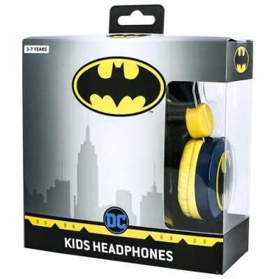Auriculares de criança Batman em preto e amarelo na embalagem