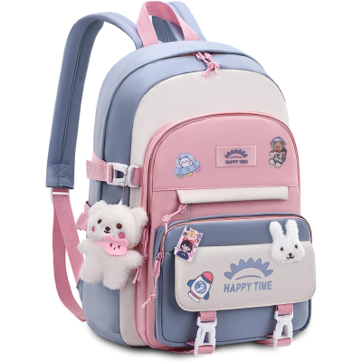 Mochila escolar colorida com pelúcias e desenhos felizes